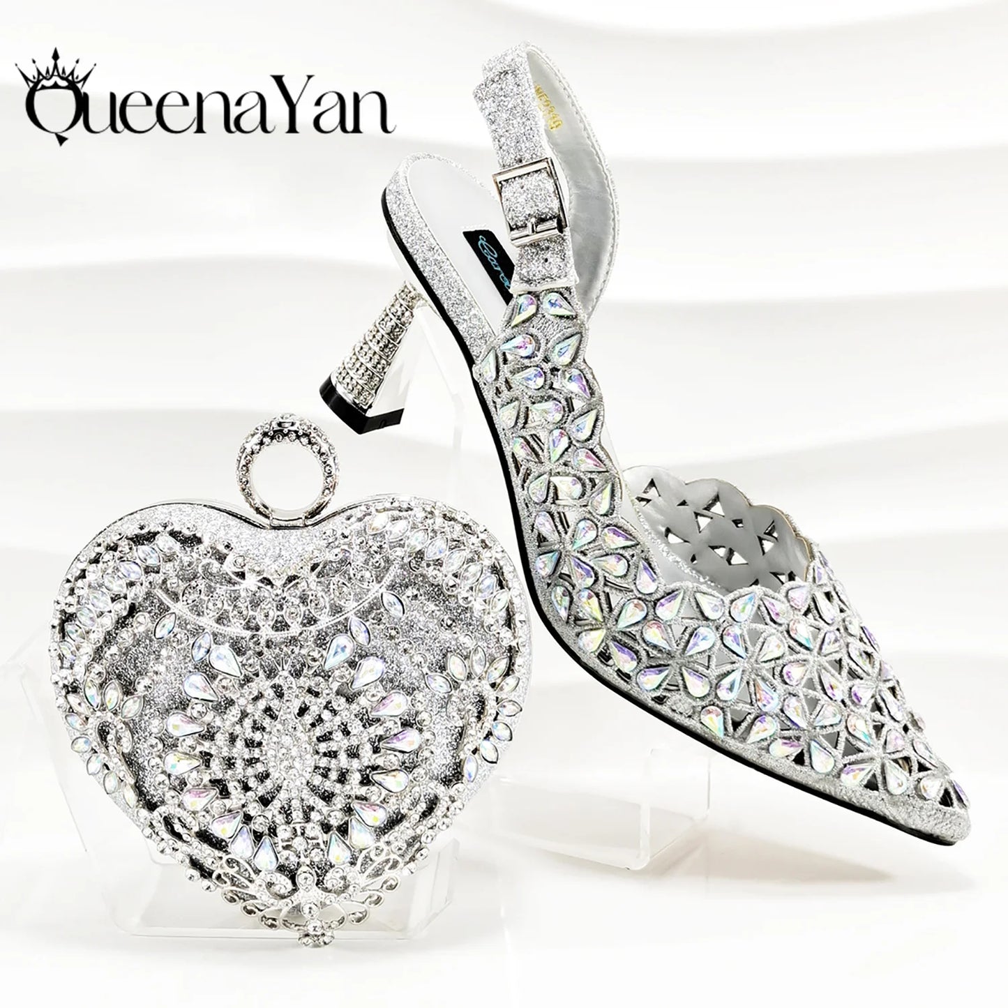 Italian Design Rhinestone-encrusted Sex Ladies Shoes And Special Bag High Heels And Heart Shape Gold Mini Bag