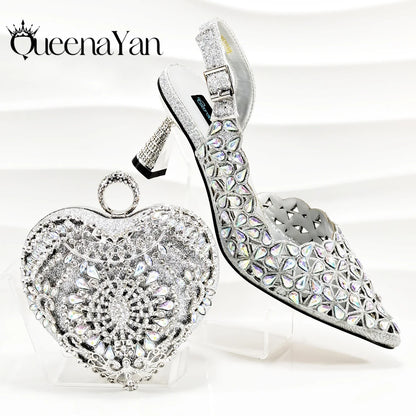 Italian Design Rhinestone-encrusted Sex Ladies Shoes And Special Bag High Heels And Heart Shape Gold Mini Bag