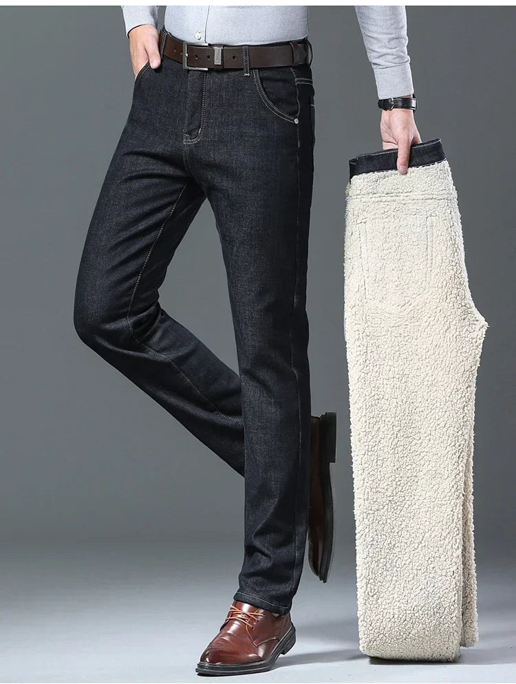 Winter Men's Fleece Thick Sherpa Jeans Business Casual Velvet Straight Denim Pants Male Wool Plush Classic Stretch Trousers