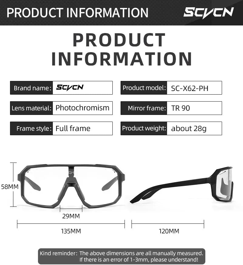 Scvcn New Men's UV400 Photochromic Cycling Sunglasses Women Sports Running Eyewear for Men Glasses Road Bike Bicycle Goggles