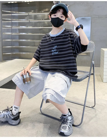 2026 Kids Top and Bottom Clothes Summer Set For Tweens Boys Casual Striped Tracksuit Outfit Children Cargo Clothing 2PCS Suit