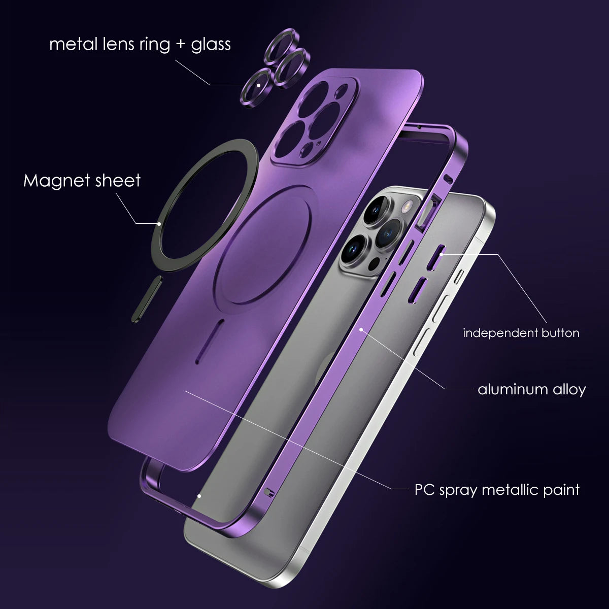 Aluminum Metal Frame Magnetic Case For iPhone 13 12 14 15 16 17 Pro Max For Magsafe Wireless Charging Lens Film PC Back Panel
