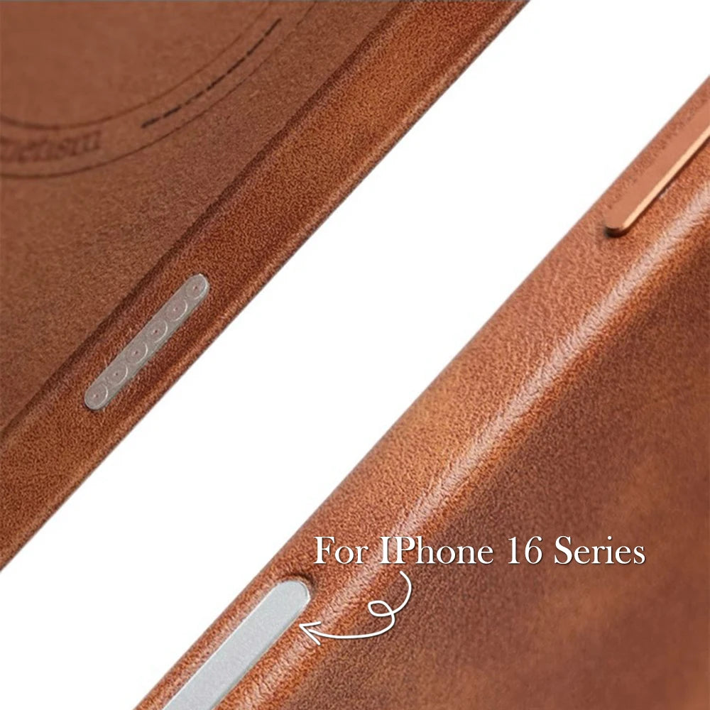 Premium Vintage Leather Magnetic Phone Case for IPhone 16 14 13 15 Pro Max Wireless Charging Alloy Camera Shockproof Back Cover