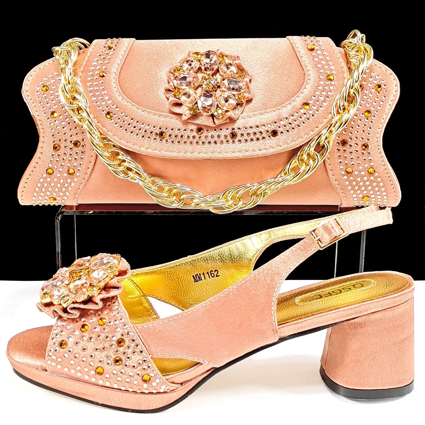 Open Toe Women Heels for 2024 Elegant Party Olive Color Diamond Pumps Italian Shoes and Bags Matching Set