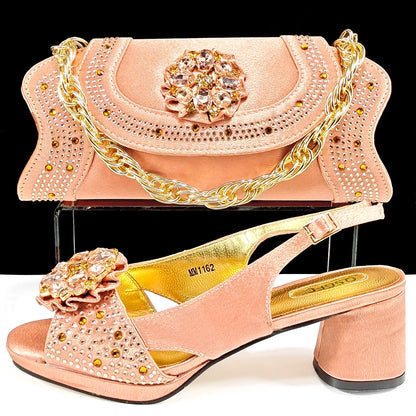 Open Toe Women Heels for 2024 Elegant Party Olive Color Diamond Pumps Italian Shoes and Bags Matching Set