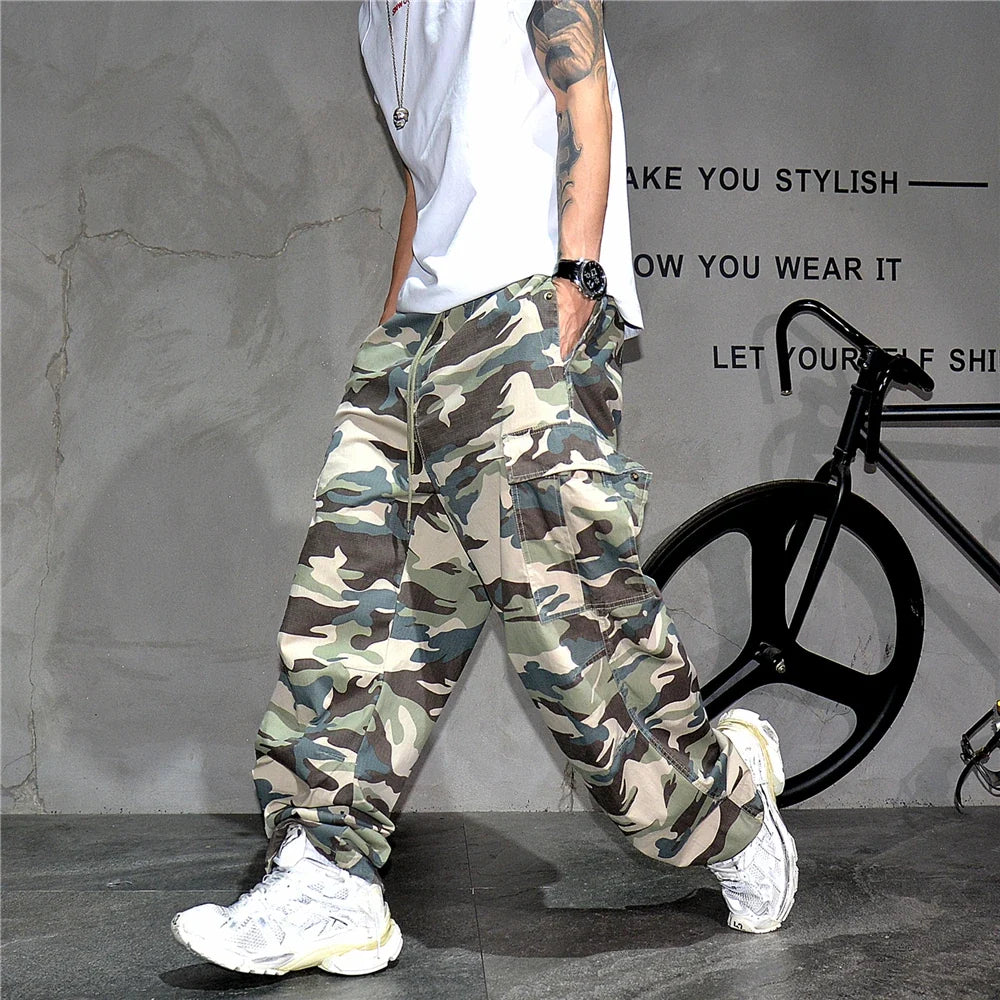 Heavy weight Tactical Cargo Pants For Men Vintage Camo Multi-Pocket Loose Fit Straight Leg Outdoor Streetwear Casual Trousers