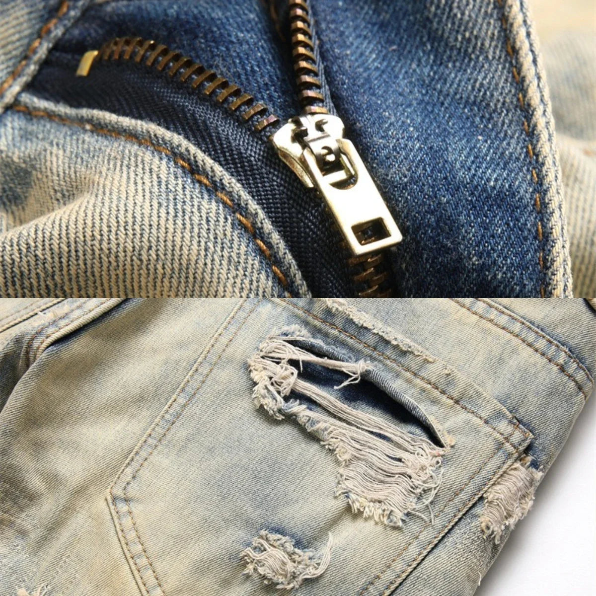 Summer Worn and Scratched Jeans Men's Small Feet Perforated Pockets Ragged Edges Long Pants Slim Fit Printing High Street Tide 2