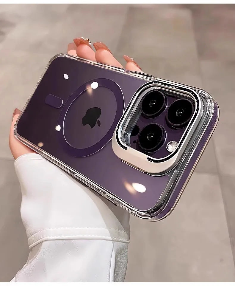 Luxury Lens Holder Shockproof Magnetic Case For iPhone 16 15 14 Plus 13 12 17 Pro Max 17Air 16e Magsafe Fashion Clear Cover