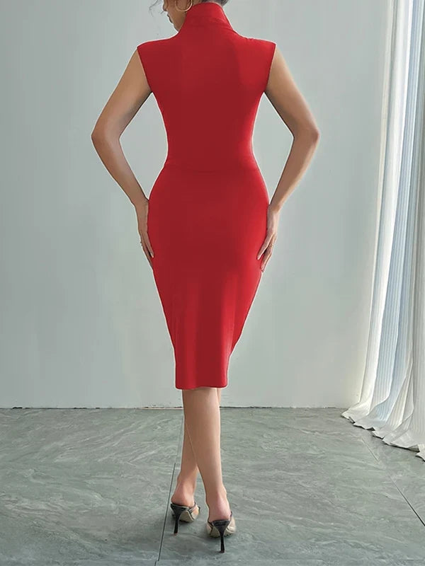 Onecozyday Women's Bodycon Dress Solid Color V-neck Sleeveless High Waist Sexy Midi Dresses 2025 Symmer Thin Party Dresses