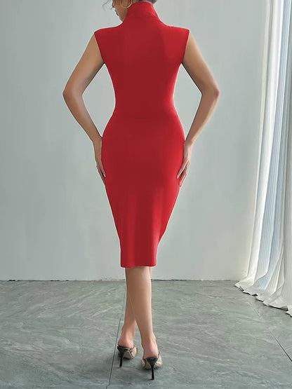 Onecozyday Women's Bodycon Dress Solid Color V-neck Sleeveless High Waist Sexy Midi Dresses 2025 Symmer Thin Party Dresses