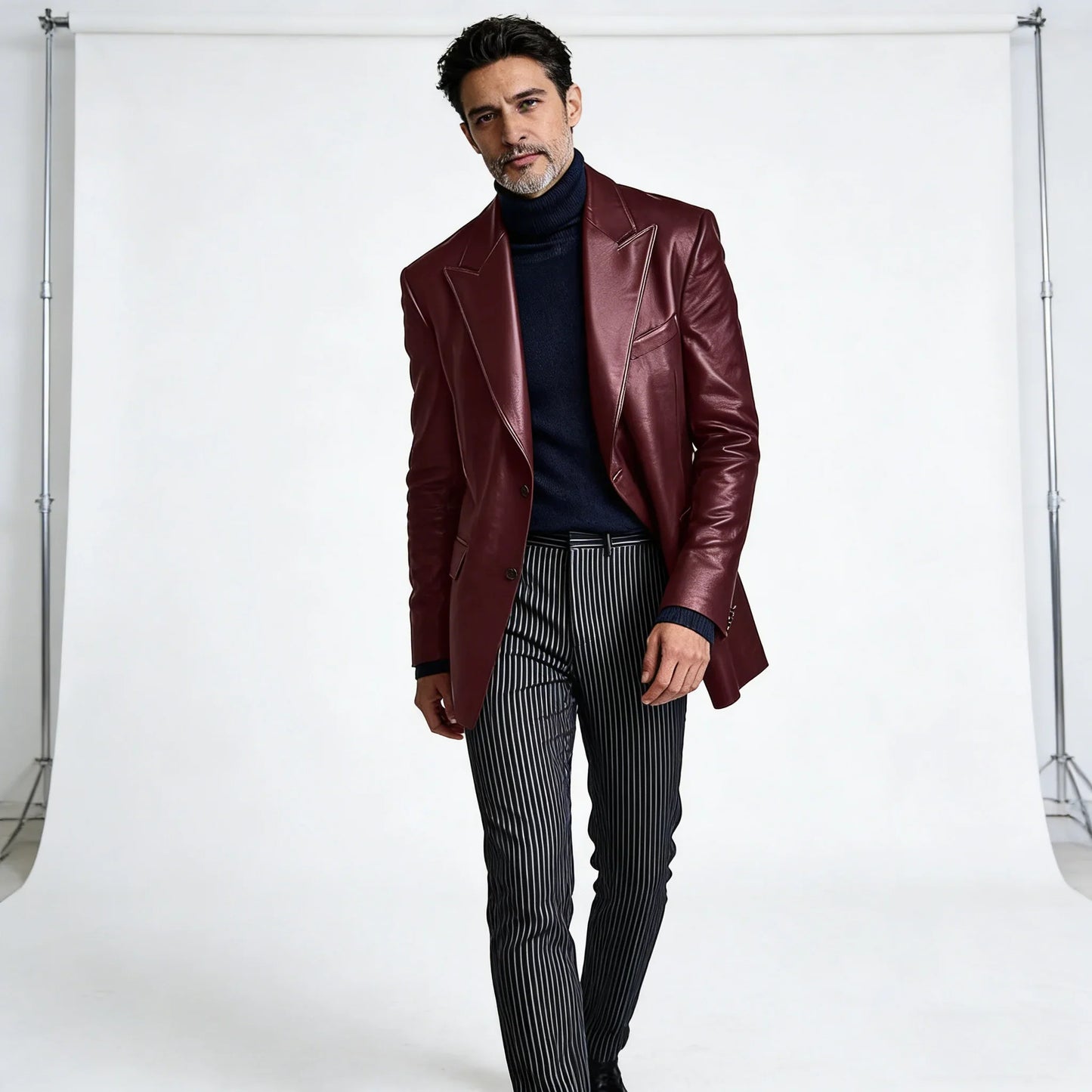Men's Dress Leather Jacket Burgundy Luxury Slim Fit Notchde Lapel Flap Pocket Retro Soft Sport Coat For Business Casual