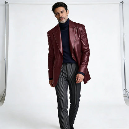 Men's Dress Leather Jacket Burgundy Luxury Slim Fit Notchde Lapel Flap Pocket Retro Soft Sport Coat For Business Casual