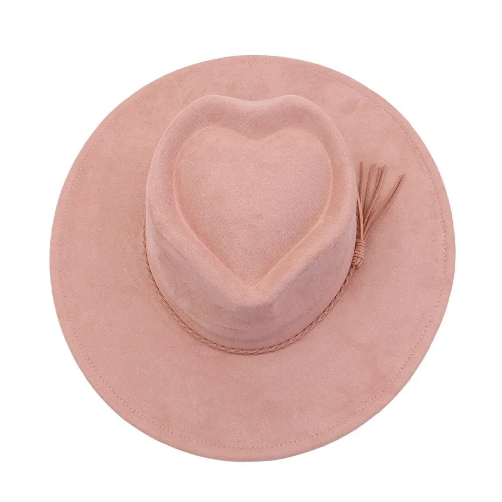 High Quality Heart Design Vegan Suede Hat Wide Brim Blank Style Wide Brim Hat Fedora Hat