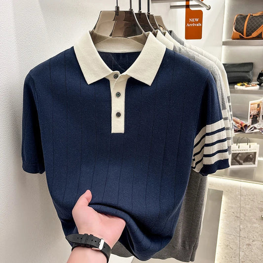 2026 Men's Short Sleeved Polo Shirt with High-end Feel, Summer Thin Design, Knitted Collar, Linen T-shirt As Base