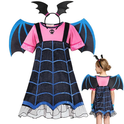 Girls Junior Vampirina TV Series Inspired Dress with Wings Little Vampire Kids Cosplay Costume Play Bat Design Halloween Apparel