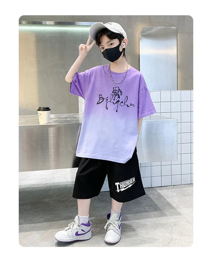 Kids Boy New Summer Suit Tie Dye T-shirt + Cargo Shorts 2 Pieces Tracksuit for Teens Child Shorts Sleeve Clothing Set Age 4 - 14