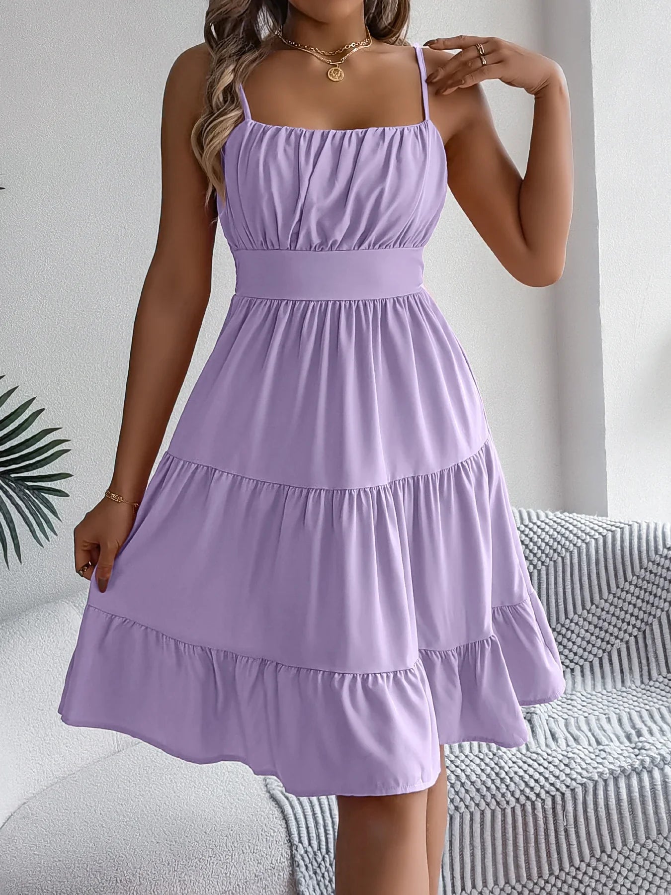 Casual Vacation Ruffled Camisole Dress Spring Summer Women's Solid Dresses for 2026 Valentine's Day Woman Clothing Pink Blue