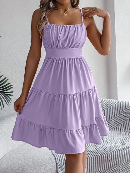 Casual Vacation Ruffled Camisole Dress Spring Summer Women's Solid Dresses for 2026 Valentine's Day Woman Clothing Pink Blue