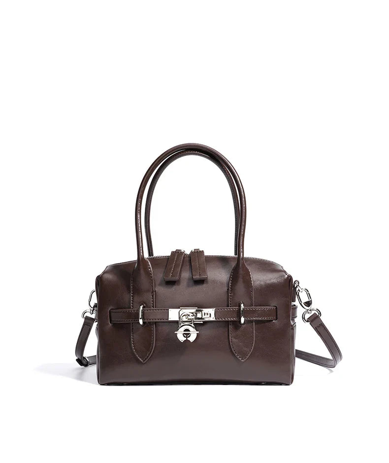 2025 Fall Winter New Top Grain Leather Spacious Boston Bag Lock Design Single Shoulder Crossbody Pack Women Commuting Handbag