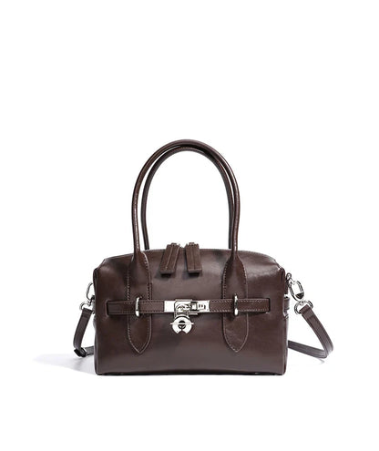 2025 Fall Winter New Top Grain Leather Spacious Boston Bag Lock Design Single Shoulder Crossbody Pack Women Commuting Handbag