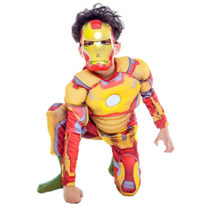 Kids Yellow Iron  Costume Superhero Muscle Suit with Mask Role Play Costume for Halloween Christmas Party Performance