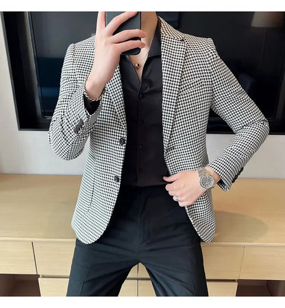 2025 Spring Men's Plaid Suit Jacket Korean Luxury Business Slim Fit Social Suit Jacket Formal Social Party Wedding Prom Tuxedo