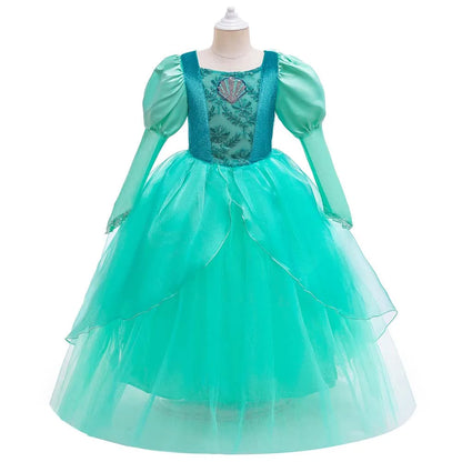 Girls Mermaid Dress Ariel Long Sleeves Cosplay Halloween Costume Kids Fluffy Tulle Shell Applique Frocks Elegant Gown