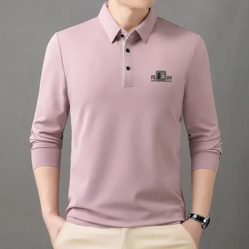High End Brand Quality Men's Polo Shirt Autumn Exquisite Solid Color Letter Print Lapel Long Sleeve Business Classic Menswear