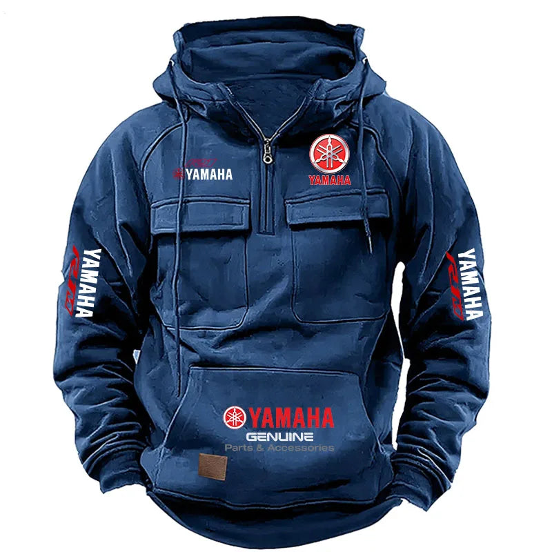 2026 New YAMAHA logo  Motorcycle Racing Race Retro Velvet Half Zipper Hoodie Men's Multi Pocket Autumn/Winter Casual Sweatshirt