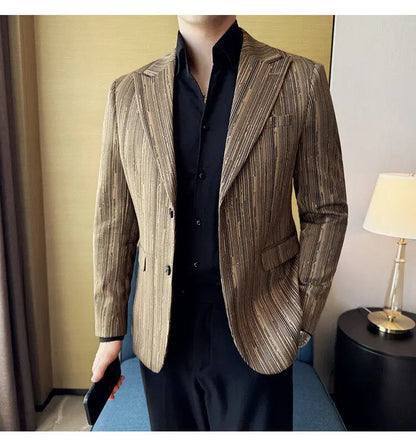 Fashion Meteor Line Checkered Elegant Suit Jacket Men Fashion De Luxe Business Slim Fit Single Breasted Social Party Dress Coats
