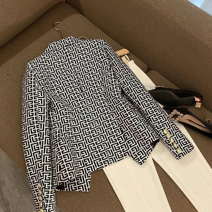 Spring High-end Fashion Women's Elegant Mid To Long Suit Jacket with Collar Print Design and Double Breasted Versatile Jacket