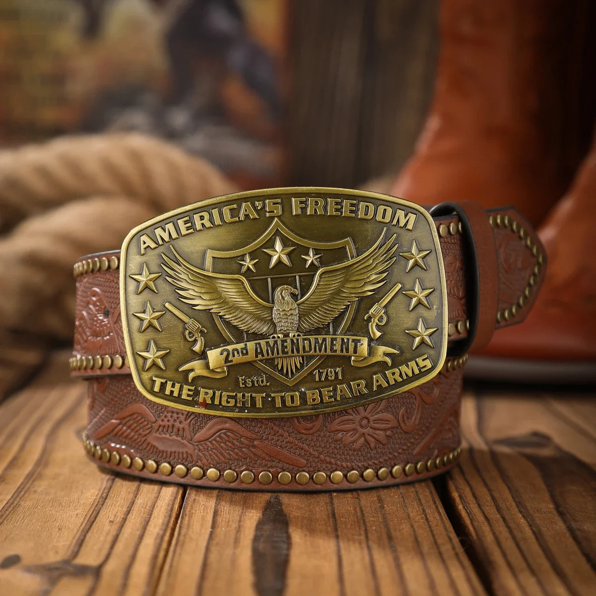 A western denim style PU material embossed belt metal plate QQ head men and women of the same daily leisure delivery punch nails