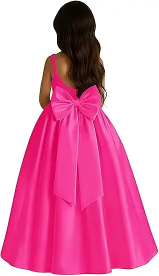 Long Ivory Satin Flower Girl Dresses for Wedding Bow Party Birthday Princess Dress Junior Bridesmaid First Holy Communion Gowns