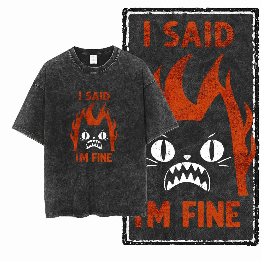 Cat Printed Cotton Acid Washed Exclusive Graphic Unisex T Shirt Cool Streetwear Men Tshirts Big Size Tee for Men