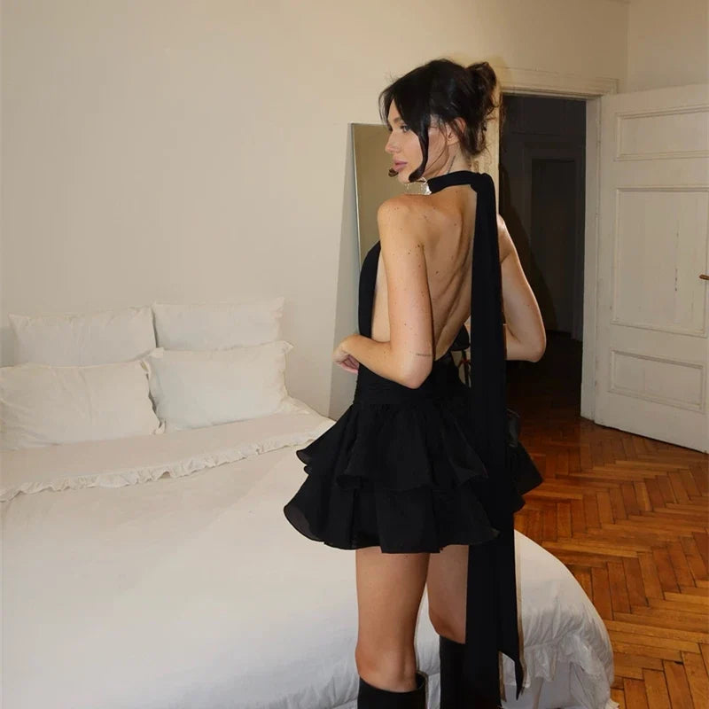 Chiffon Halter Ruched Ribbon Slim Fit Tiered Mini Dress Women'S Fashion Sexy Elegant Dress Party Vacation Summer Clothes