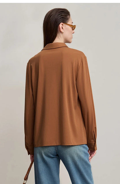 Women's Shirt 2025 Autumn New Minimalist Solid Knitted Ladies Tops Versatile Long Sleeve Straight Women's Blouse 12553101