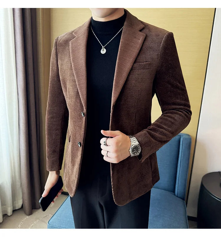 Autumn Winter Fashion Seaweed Pattern Suit Jacket High Quality Luxury Slim Fit Casual Men's Blazers Coats Social Prom Tuxedo
