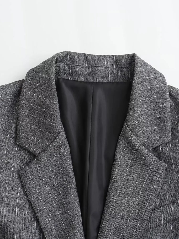 Women Fashion With Pockets Striped Single Breasted Blazer Vintage Notched Neck Long Sleeves Female Chic Lady Outfits