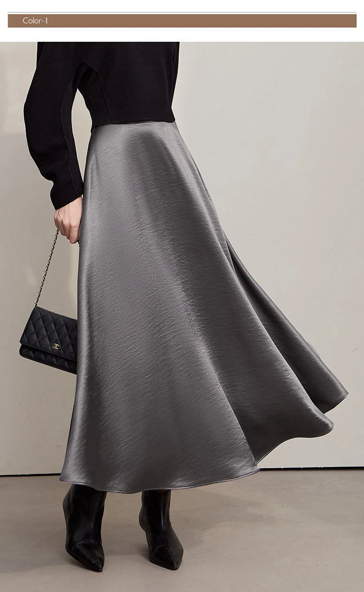 Women's Skirt Loose Long A-skirt Satin Skirts For Women 2025 Autumn New Minimalist Solid Color Clothing Ladies 12513015