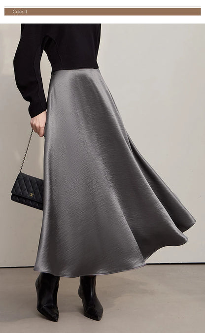 Women's Skirt Loose Long A-skirt Satin Skirts For Women 2025 Autumn New Minimalist Solid Color Clothing Ladies 12513015