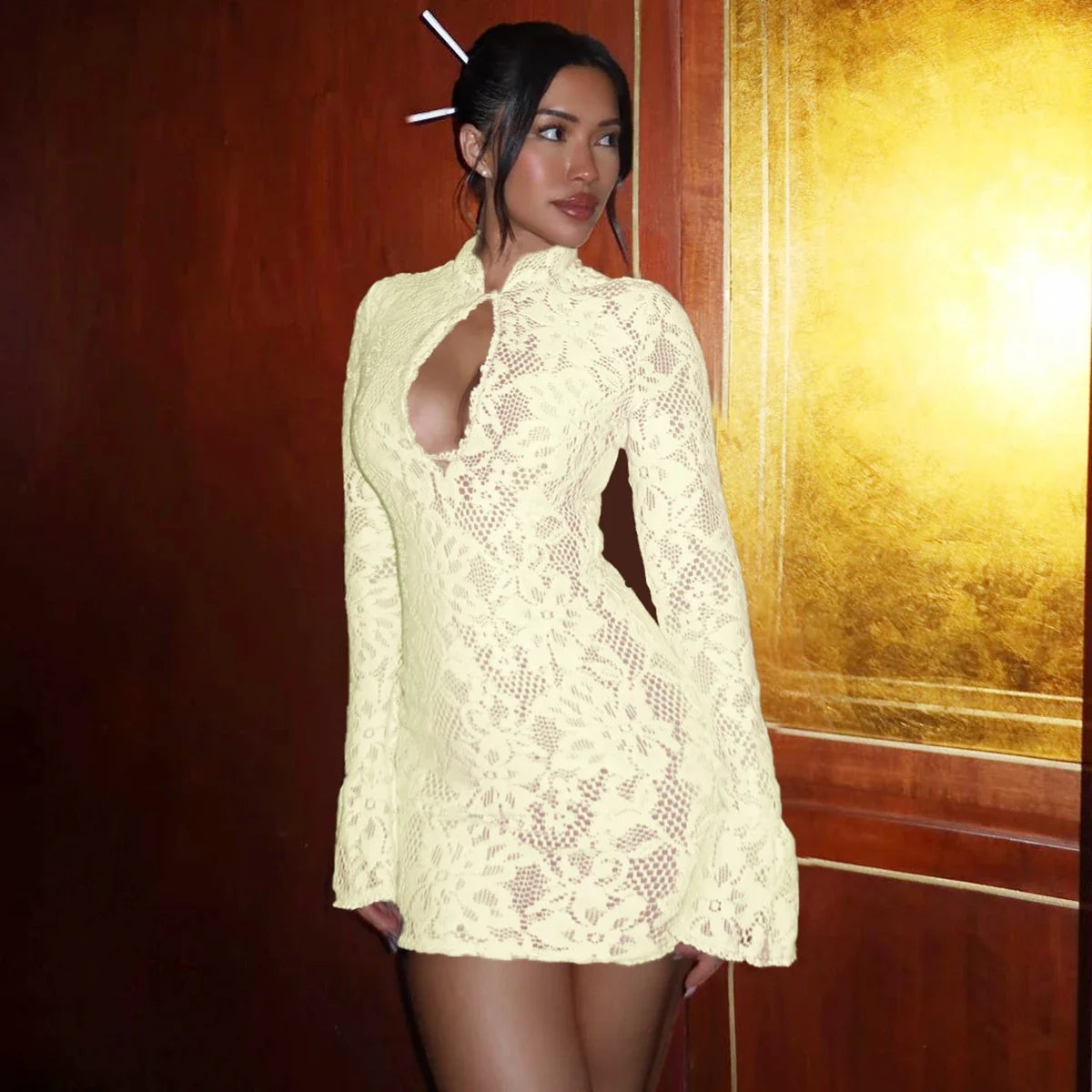 Turtleneck Long Flare Sleeve Patchwork Lace Hollow Out Button Sexy Mini Dress 2025 Spring Women Clothes Party Nightclub