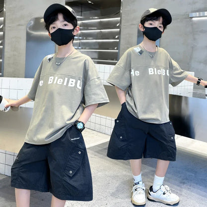 New Casual Boys Top and Bottom Clothes Set Summer Suit for Tween Children Clothing Kids Teenager Shorts Sleeve Tshirt Shorts Set