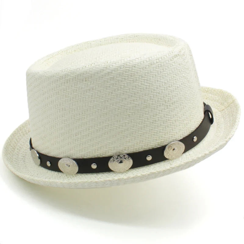 Men Women Straw Pork Pie Hats Summer Sunhat Boater Caps Sailor Sombrero Beach Fedora Trilby Outdoor Travel US Size 7 1/4 UK L