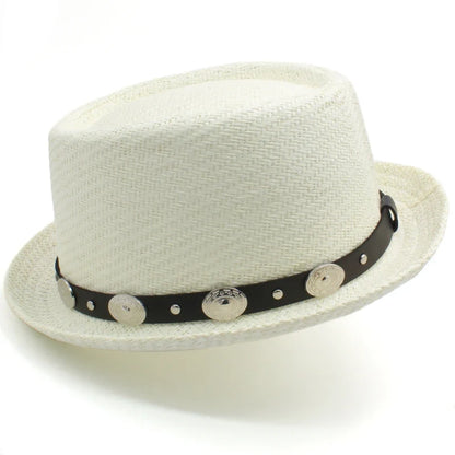 Men Women Straw Pork Pie Hats Summer Sunhat Boater Caps Sailor Sombrero Beach Fedora Trilby Outdoor Travel US Size 7 1/4 UK L