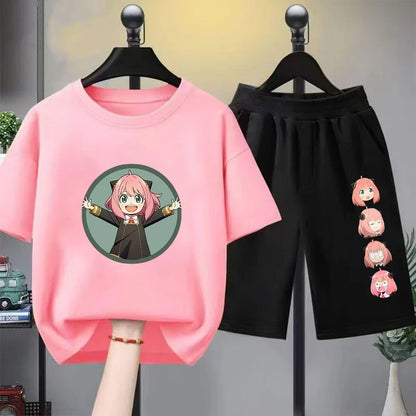 Anime Spy X Family Children T-Shirt+Bottom Wear Age 3-12 Girls Pink Set Black 2pcs Kids Set Print Summer Cool T-Shirt
