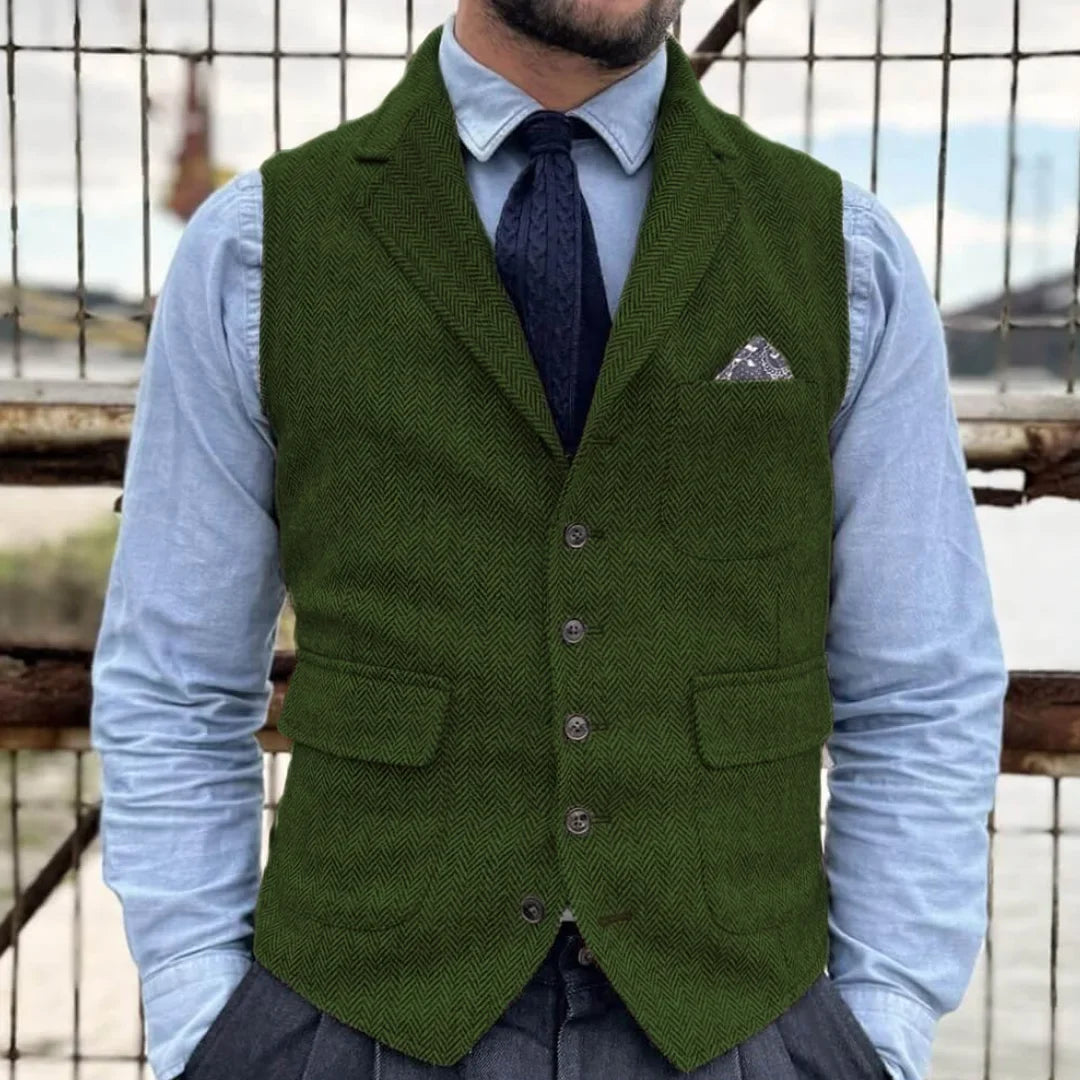 Men Vest Khaki Herringbone Single Button With Lapel Waistcoat For Banquet Party Business Office Work Casual Daily Men Suit Vest