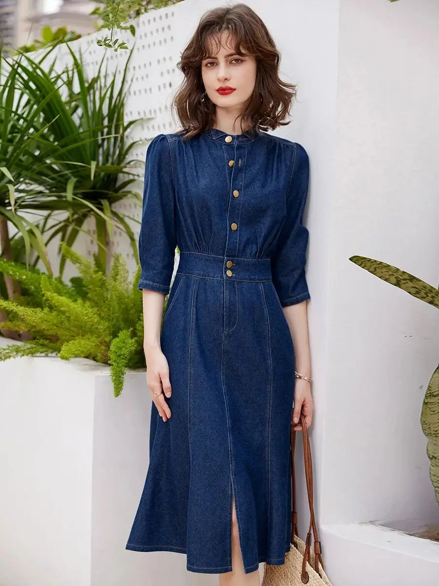 Women Denim Dress Retro Style Casual 2024 Spring Round Neck Three-quarter Sleeve Slim Fit A-line Fishtail Dress