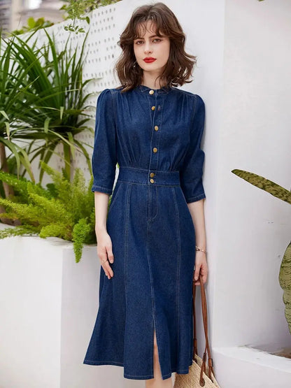 Women Denim Dress Retro Style Casual 2024 Spring Round Neck Three-quarter Sleeve Slim Fit A-line Fishtail Dress