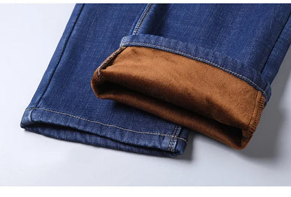 Men New Winter Classics Fleece Thick Warm Jeans Men's Loose Straight Elastic Denim Pants Casual Plush Trousers Large Size 28-40