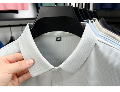 Summer Short Sleeve T-Shirt - Premium Jacquard Spandex, 7A Antibacterial, Seamless, Contrast Color, Split Hem, Wrinkle-Free Polo